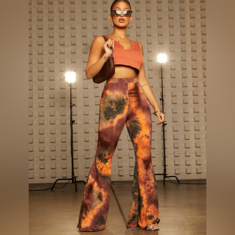 Brown Orange Tie Dye High Waist Flare Pants